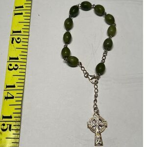 Green Stone Bracelet with Celtic Cross‎ Charm Religious Jewelry
